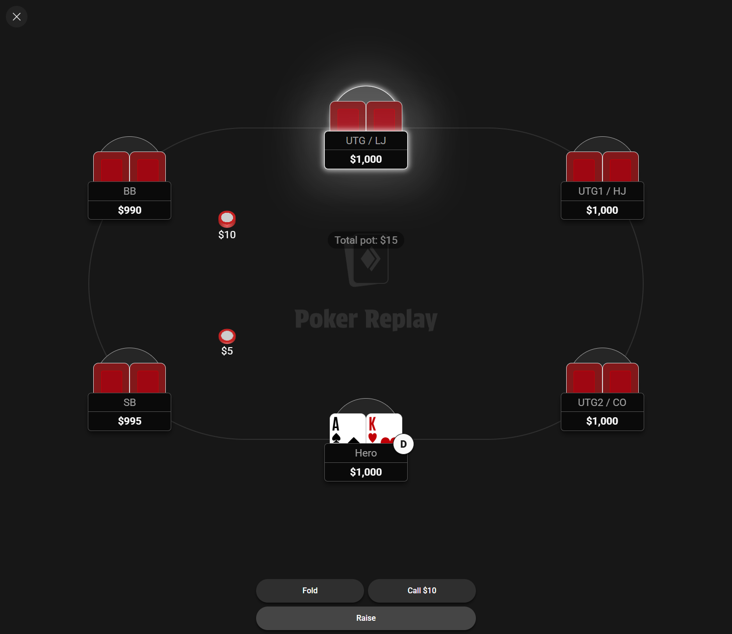 Action entry interface showing the table with player positions and action buttons