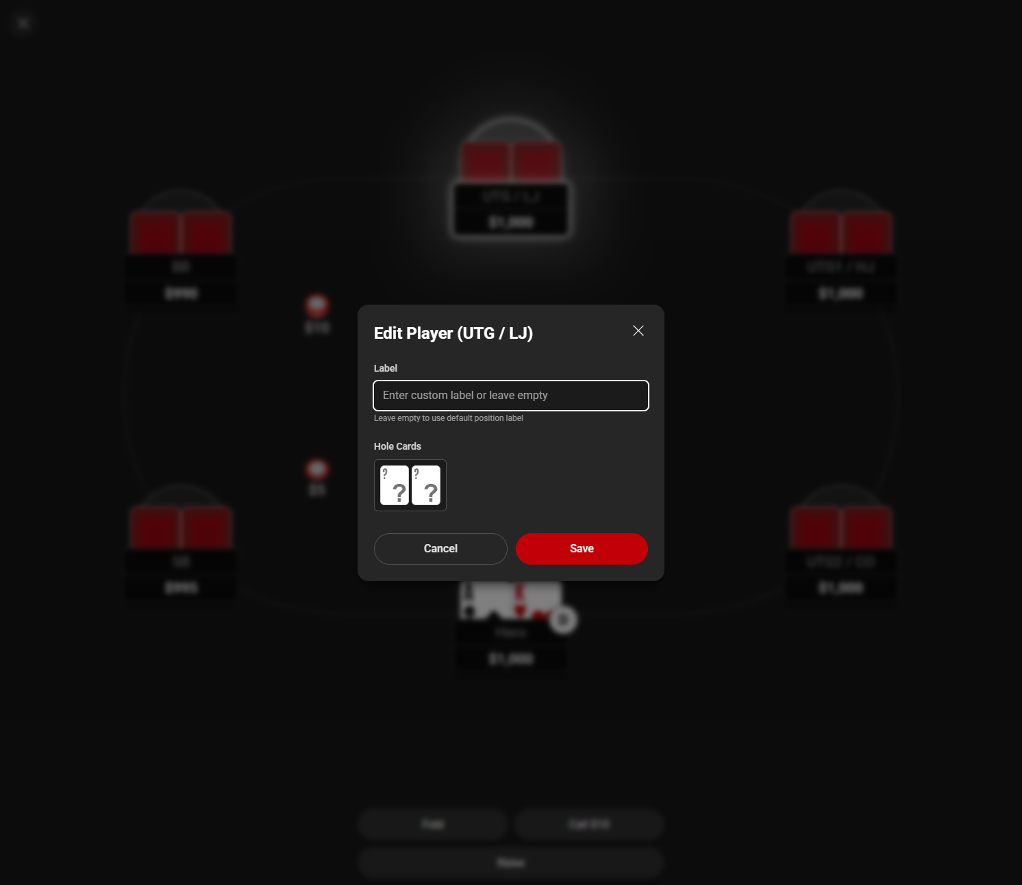 Player edit dialog showing options to change label and select hole cards