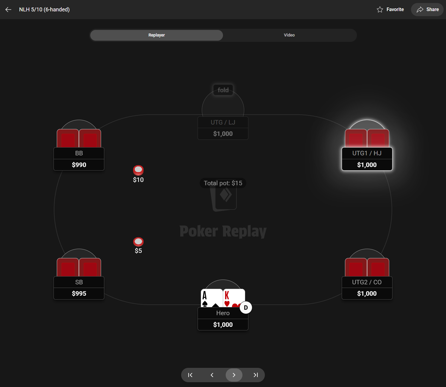 Replay page with navigation controls for stepping through the hand