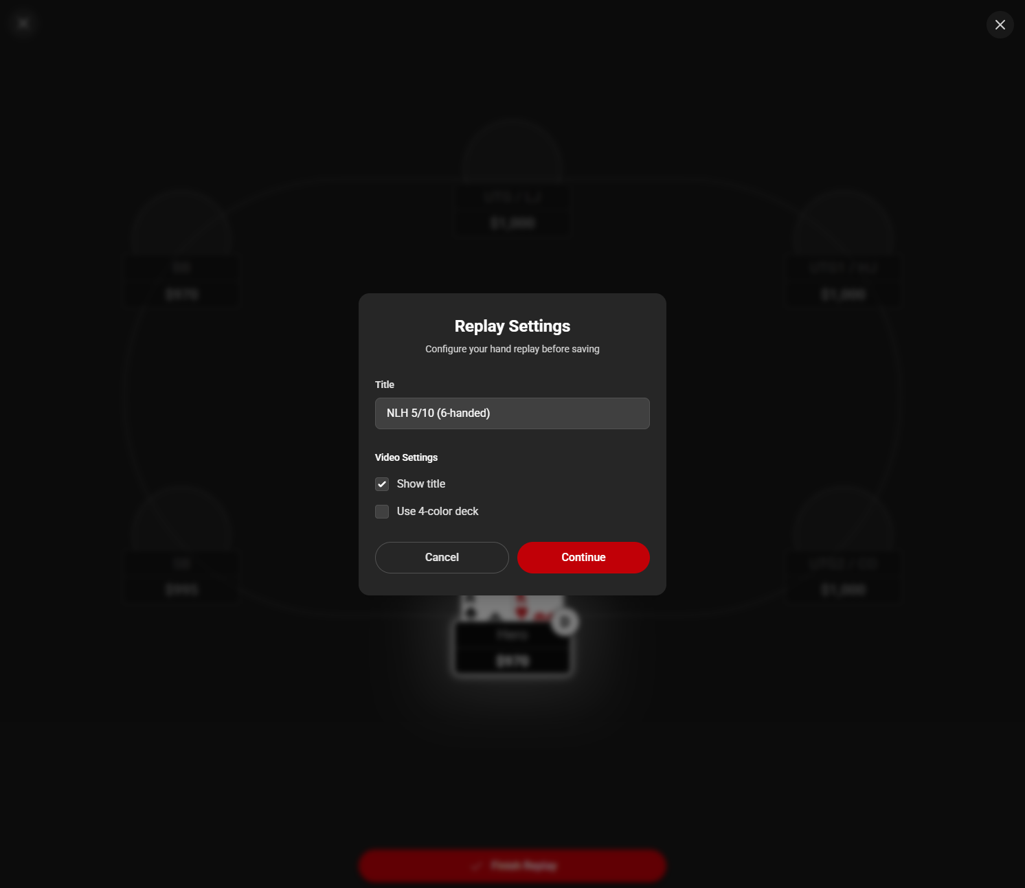 Replay settings dialog with title and video options
